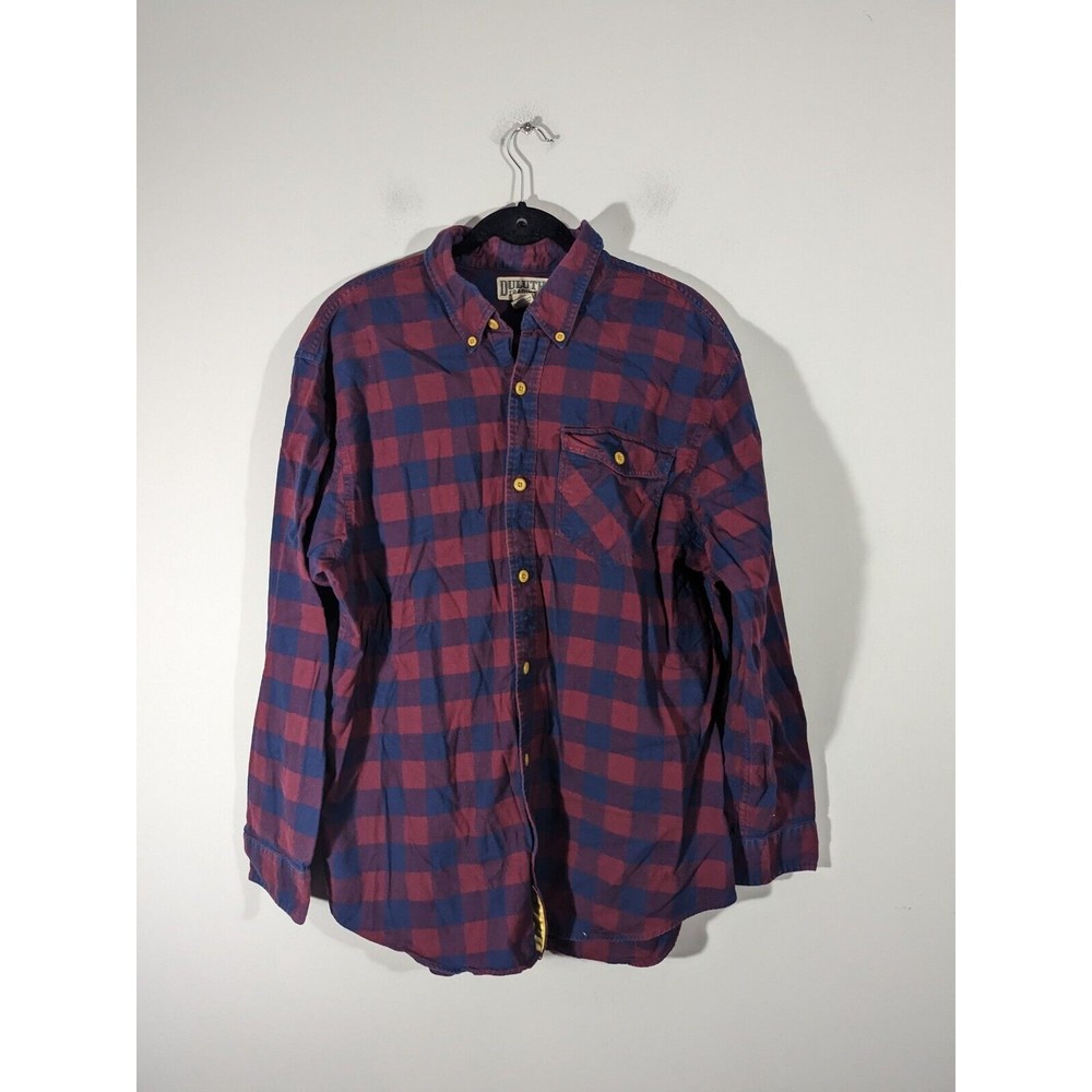 Duluth Trading Co.‎ Burgundy Navy Plaid Long Sleeve 100% Cotton Men Shirt Size L